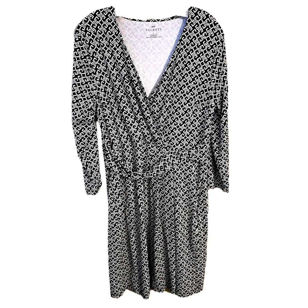 Talbots Black Chain Link V-Neck Long Sleeve Faux Wrap Dress‎ Womans Size Large